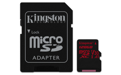 Kingston 128GB microSDHC Canvas React 100R/70W U3 UHS-I V30 A1 Card + SD Adptr