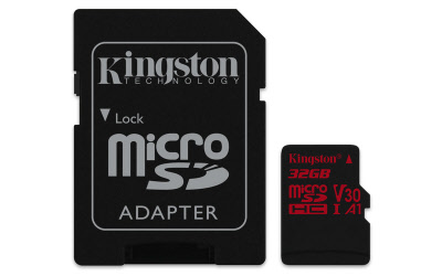 Kingston 32GB microSDHC Canvas React 100R/70W U3 UHS-I V30 A1 Card + SD Adptr