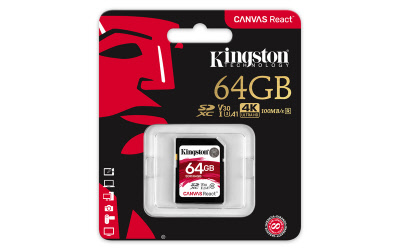 Kingston 64GB SDXC Canvas React 100R/70W CL10 UHS-I U3 V30 A1