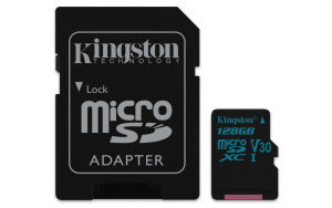 Kingston 128GB microSDHC Canvas Go 90R/45W U3 UHS-I V30 Card + SD Adapter
